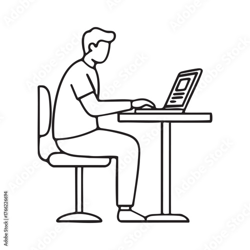Man sitting at a table working on a laptop computer outline illustration