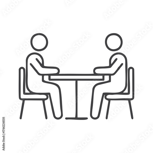 Two people sitting at a table in a simple line art illustration