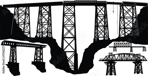 Bridge silhouette collection, truss and support structures, architectural design elements, engineering reference sheet, infrastructure shapes, black outline, construction concept art