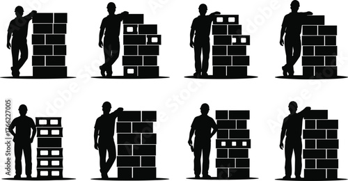 Construction worker silhouettes with brick walls, builders at work concept, industrial labor, masonry craft, teamwork, architecture, construction site background