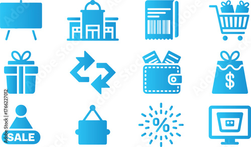 Collection of blue shopping icons on a white background view