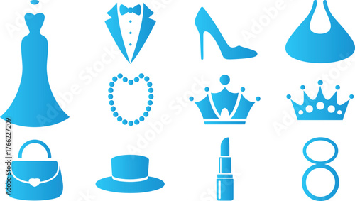 Collection of blue fashion and accessory icons on white background