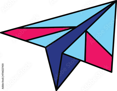 Colorful geometric paper airplane flying forward representing travel creativity business growth and innovation vector