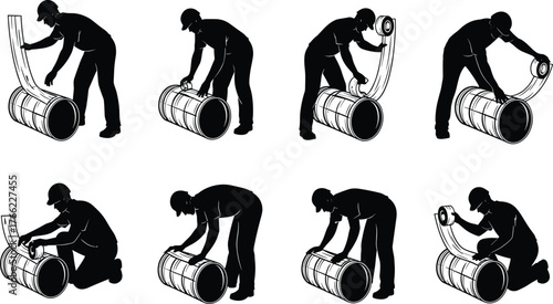 Helmeted worker taping barrel, sealing process, industrial safety, container wrap, posture variation, manual task, shipping prep, tape application, sequence, illustration