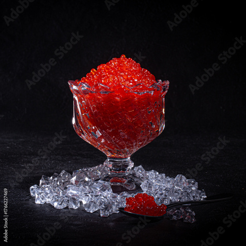 Fresh Red Caviar in Rosette Bowl on Ice