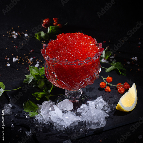 Fresh Red Caviar in Rosette Bowl on Ice