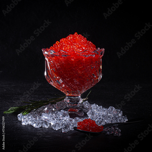 Fresh Red Caviar in Rosette Bowl on Ice