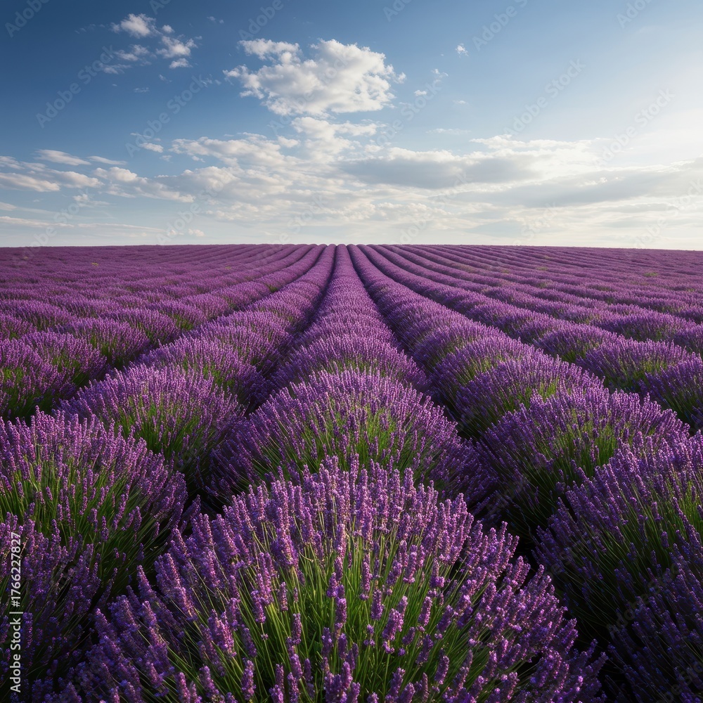 Fototapeta premium Vast purple field of blooming lavender flowers under the warm summer sun, stretching toward the distant horizon under a bright sky ,horizontal ,natural ,lavender