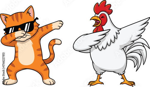 Cartoon cat and chicken dabbing, funny animal dance pose, sunglasses style, playful character art, humorous illustration, isolated on white background