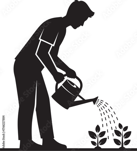 Vector silhouette of a gardener with watering can in the garden.