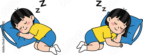 Cartoon child sleeping peacefully, curled-up pose, blue pillow, bedtime illustration, restful character art, sleep symbol, isolated on white background