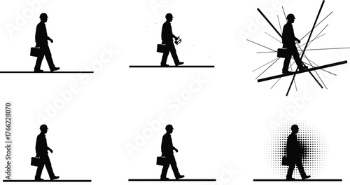 Silhouette of construction worker, hard hat, briefcase, transformation stages, stress impact, digital disruption, walking sequence, urban job, mental strain, evolution