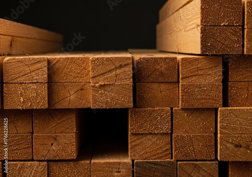 Rough-cut timber beams stacked in a pile, illustrating natural construction materials, woodworking, and strong structural support elements ,ceiling ,exposed ,construction