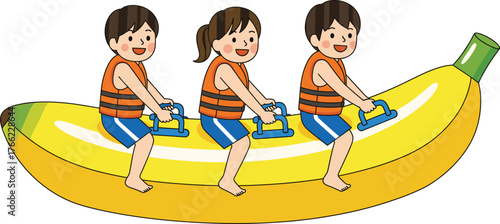 Cartoon children on banana boat, summer water activity, life vest safety, recreational fun, beach illustration, inflatable ride, striped shorts, smiling faces