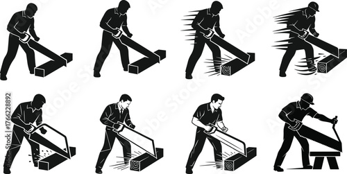 Silhouette of woodworker using hand saw, manual cutting, carpentry technique, precision posture, sawhorse setup, craftsmanship, tool motion, sawdust, labor, skill