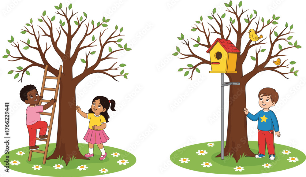 Fototapeta premium Children playing near trees, climbing ladder, birdhouse interaction, outdoor activity, nature exploration, spring scene, educational illustration, isolated on white