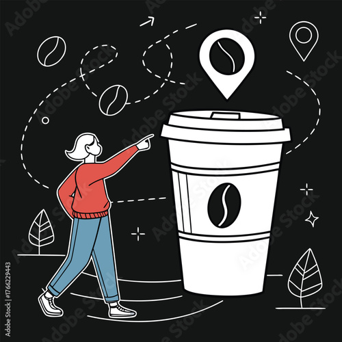 Finding your favorite coffee shop with simple directions and a friendly guide ideal for maps or advertisement