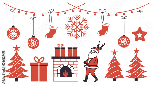 Festive Christmas scene with Santa Claus fireplace Christmas trees and decorations spreading holiday cheer and winter magic