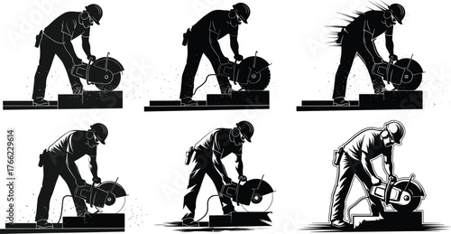 Circular saw operation, safety posture, construction worker silhouette, cutting technique, black illustration, protective gear, woodworking, industrial tool, ergonomic motion
