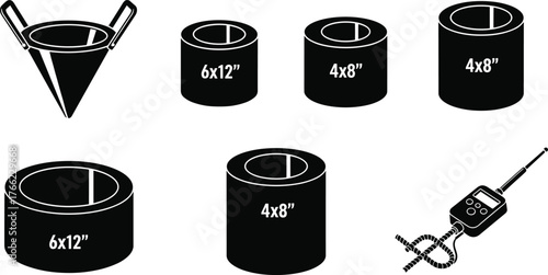 Concrete testing tools set, slump cone and cylinder molds, compressive strength equipment, construction quality control, engineering illustration, lab devices