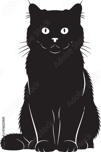 Majestic black cat silhouette sitting alertly with piercing eyes and fluffy tail detailed rendering for graphic design