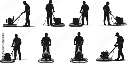 Silhouettes of power trowel operators, concrete finishing, construction equipment, posture variation, industrial labor, smoothing tool, job site, machinery, worker, gear