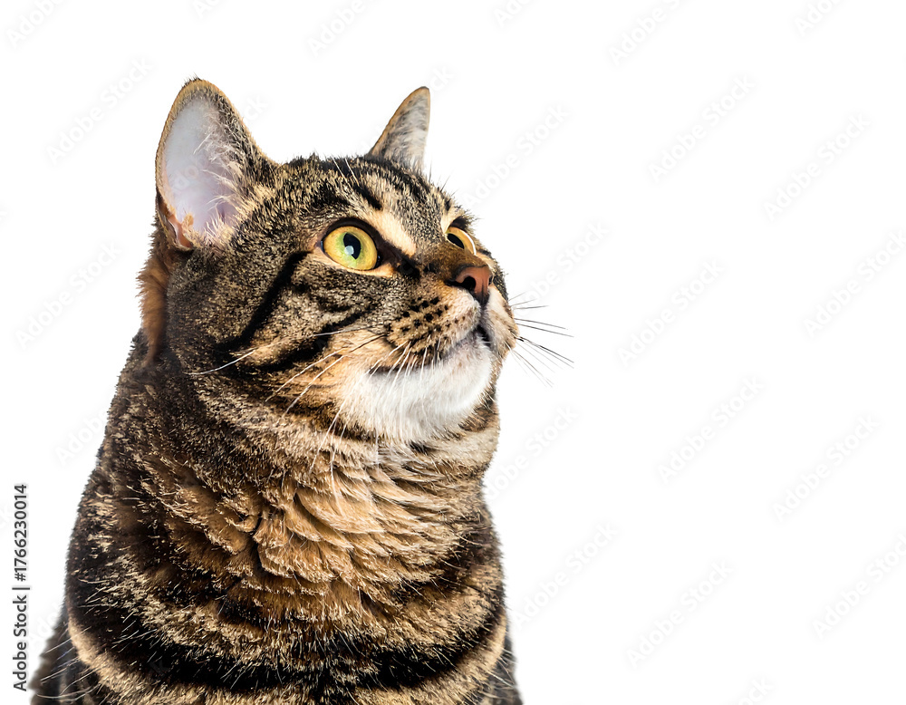 Obraz premium Tabby cat gazes up and right against black background. Soft fur and attentive expression