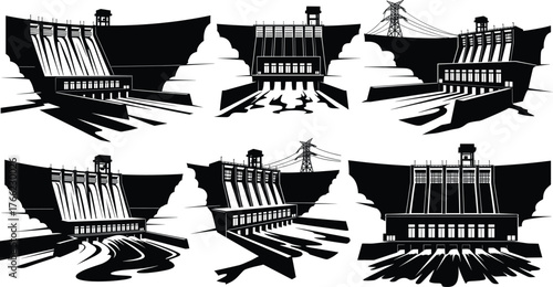 Dam structure icons, hydroelectric engineering, water flow illustration, black silhouette, infrastructure design, spillway concept, reservoir control, architectural elements, energy