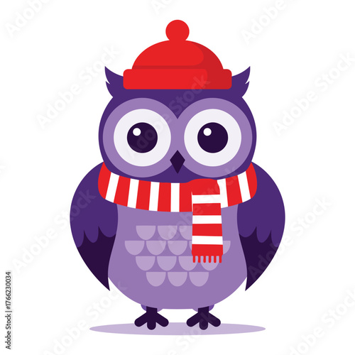 Cute Cartoon Purple Owl Wearing Winter Hat and Scarf Isolated