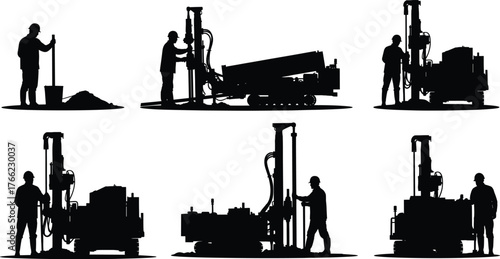 Construction workers, drilling rig silhouettes, heavy machinery, industrial equipment, engineering site, black icons, labor force, excavation tools, contractor illustration, workplace