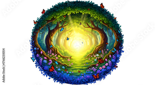 Beautiful fantasy enchanted forest with butterflies, flowers and copy space. Fairy tale outdoor background. AI generative image.