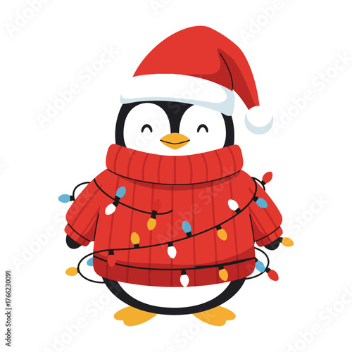 Cute Christmas Penguin in Sweater Wearing Santa Hat and Lights