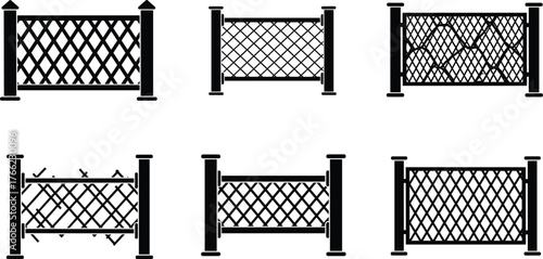 Fence design silhouette set, diamond lattice and chain-link styles, damaged and complete patterns, architectural comparison, black outline, structural concept