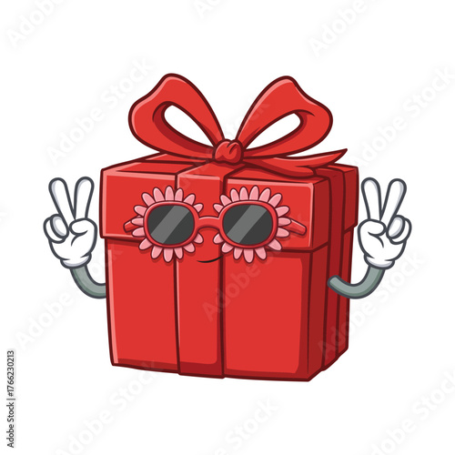 Cool Gift Box Mascot Showing Peace Sign