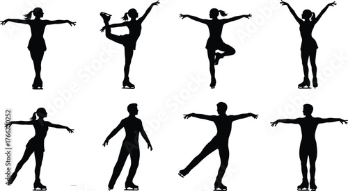 Figure skating silhouettes, ice skater poses, black vector, athletic movement, graceful posture, spin, arabesque, elegance, skating art, silhouette collection, ice dance