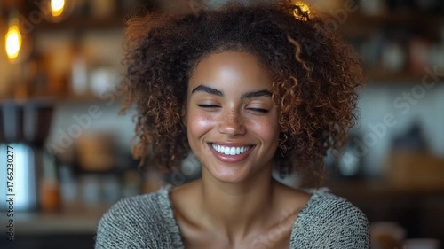 Smiling woman in cozy caf? with warm ambiance