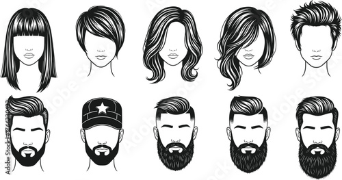 Hairstyle and beard silhouette set, male and female headshots, fashion vector illustration, black and white design, diverse hair styles