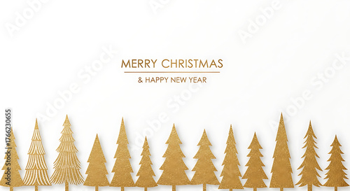 Elegant golden Christmas trees and festive New Year greeting card on a clean white background, perfect for holiday celebrations and winter season wishes