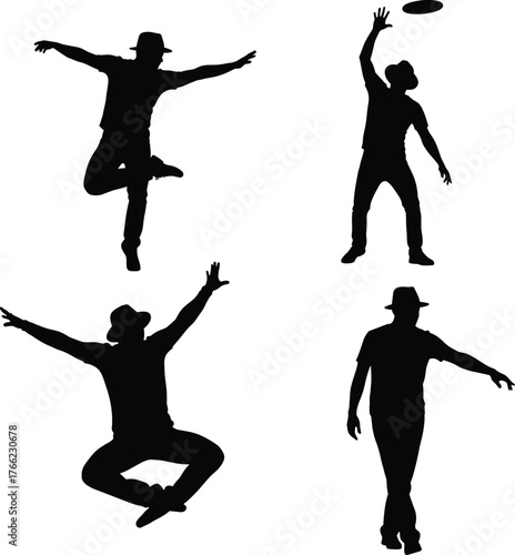 Hat silhouette poses, dynamic figure, expressive movement, black vector, casual stance, jump, frisbee action, crouch, walk, dance, motion, posture, 