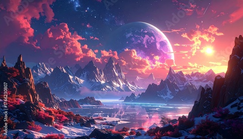 A vibrant fantasy landscape with snowy mountains, a planet, and glowing clouds