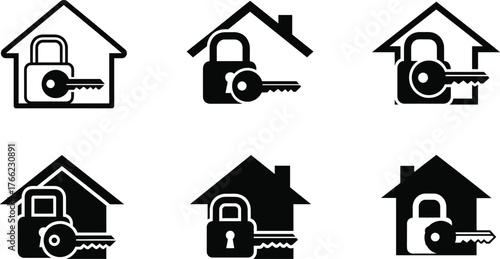 Home security icon set, house with lock and key, black and white design, smart safety concept, protection symbol, secure illustration
