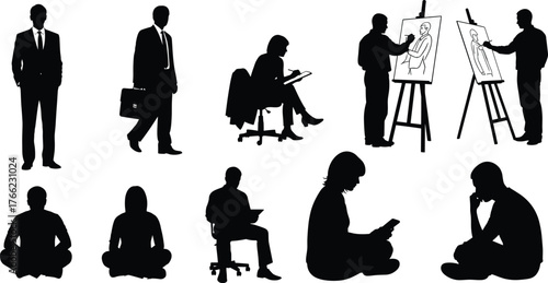 Human silhouette poses, office worker, painter, seated figure, cross-legged, laptop user, tablet reader, black vector, posture, gesture, character sne, creative work, 