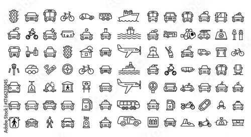 A seamless set of vector icons for web design featuring car, truck, bus, and train transportation symbols