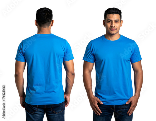 Person modeling front/back of blank, bright blue t-shirt against black backdrop, showing garment's form and fit on the body