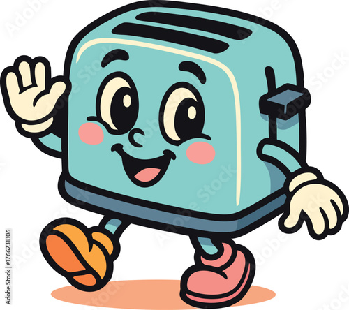 Cheerful cartoon toaster character with a friendly face is walking and waving, it has a light blue body, rosy cheeks, and a cute expression