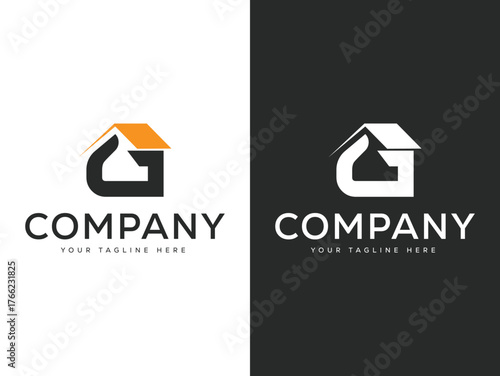 Black and orange house shaped letter G logo with company text on white and black backgrounds real estate