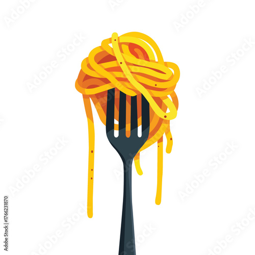 Spaghetti noodles twirled on a fork, ready to eat.
