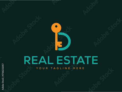 Orange key and teal letter D logo with real estate text vector