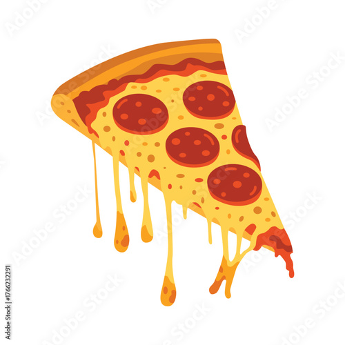 Melting pepperoni pizza slice, dripping cheese, delicious comfort food illustration.
