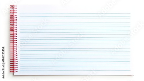 28.A single blank loose-leaf sheet with evenly spaced blue horizontal lines and a red margin, isolated on a bright white background, ready for customization.